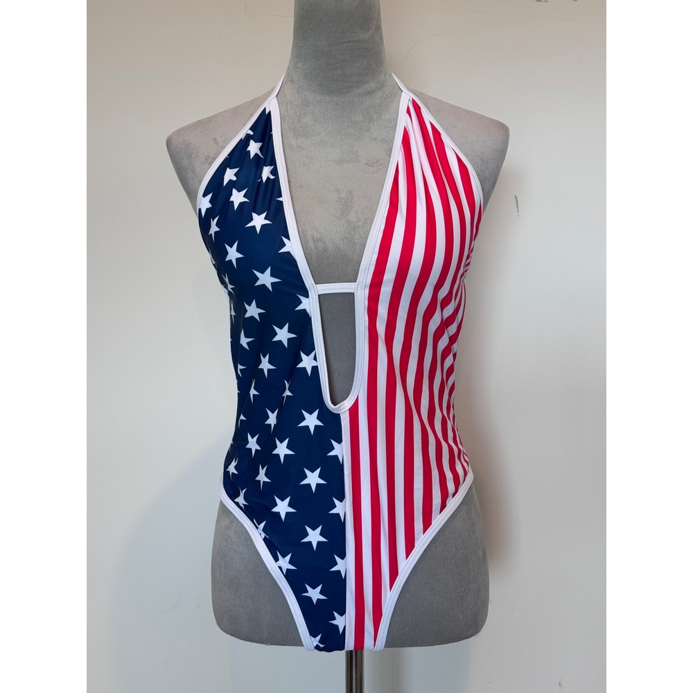 Womens American Flag Plunging Halter One Piece Swimsuit Patriotic Stars XL